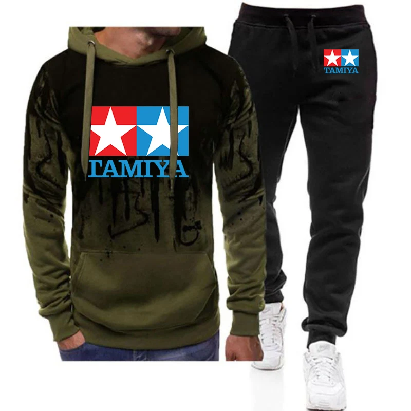 2024 Spring Autumn Men TAMIYA Legendary 90 Car Toy Classic Logo Print Gradient Color Pullover Hoodies+Comfortable Sweatpants Set