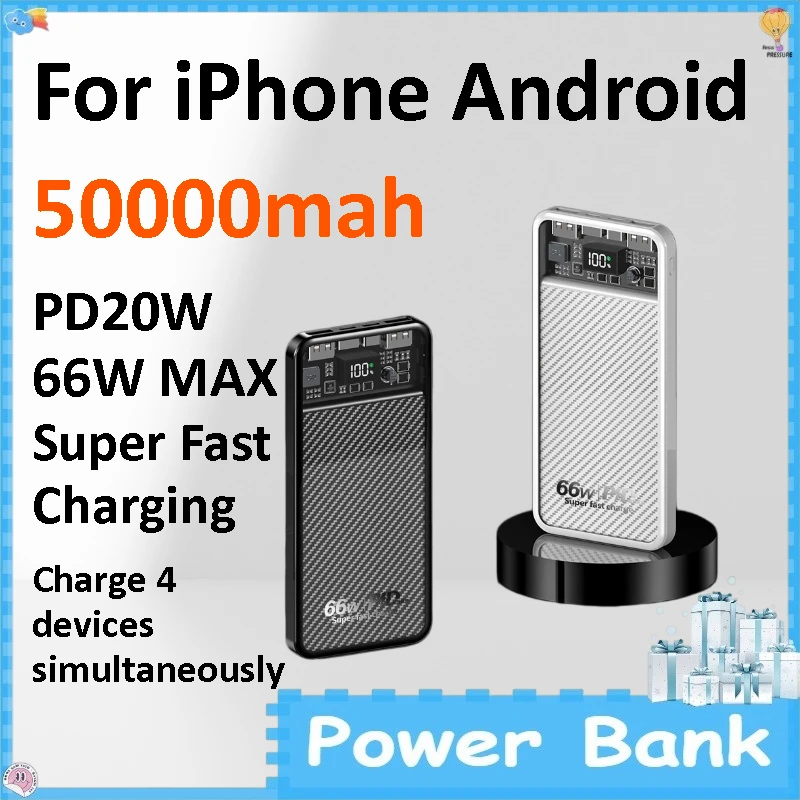 50000mAh 66W Super Fast Charging Power Bank Portable External Battery Universal Charger for IPhone Android