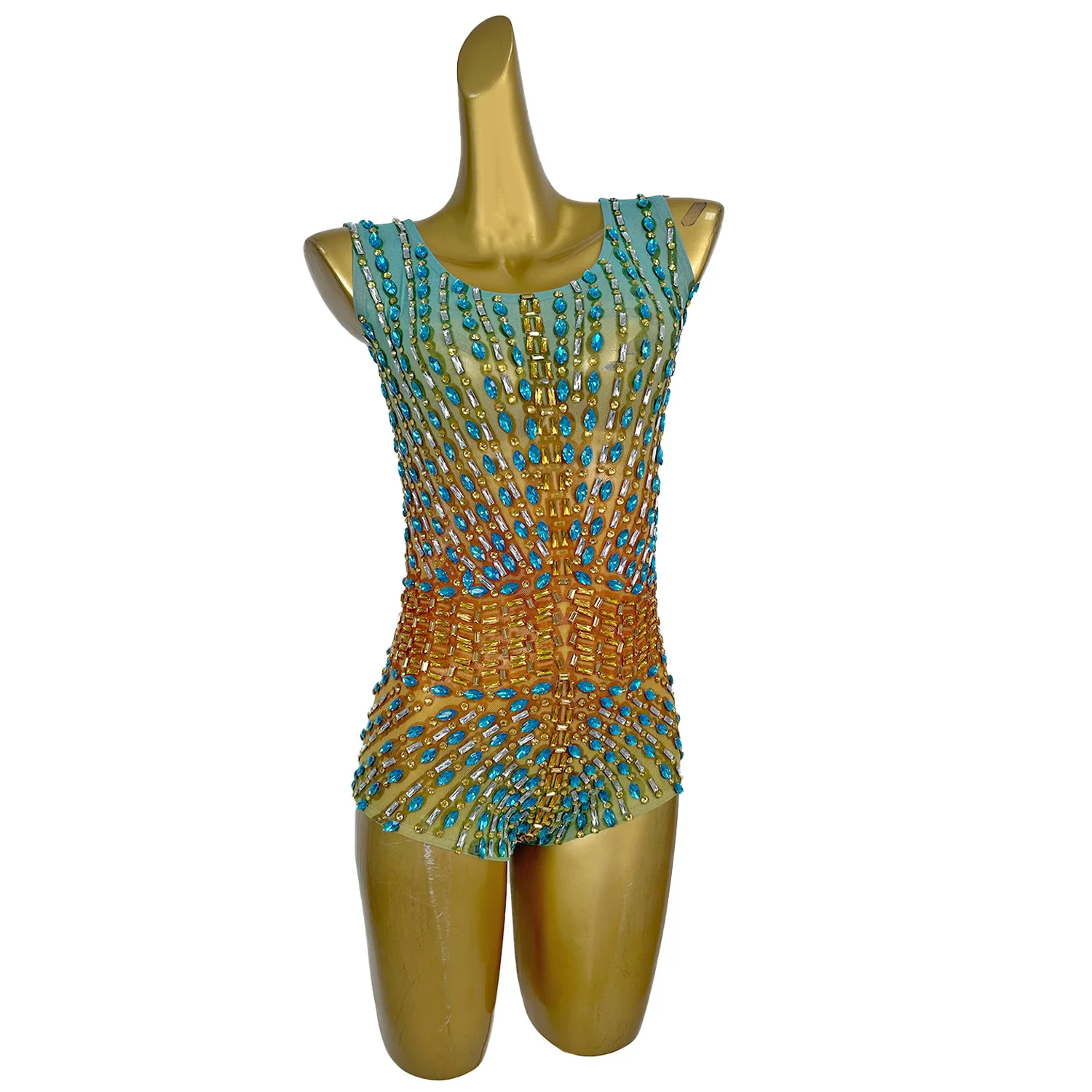 Sexy Sleeveless Crystal Rhinestone Club Party Playsuits Women One Piece Short Jumpsuit Mesh Bodycon Bodysuit Gogo Dancer Leotard