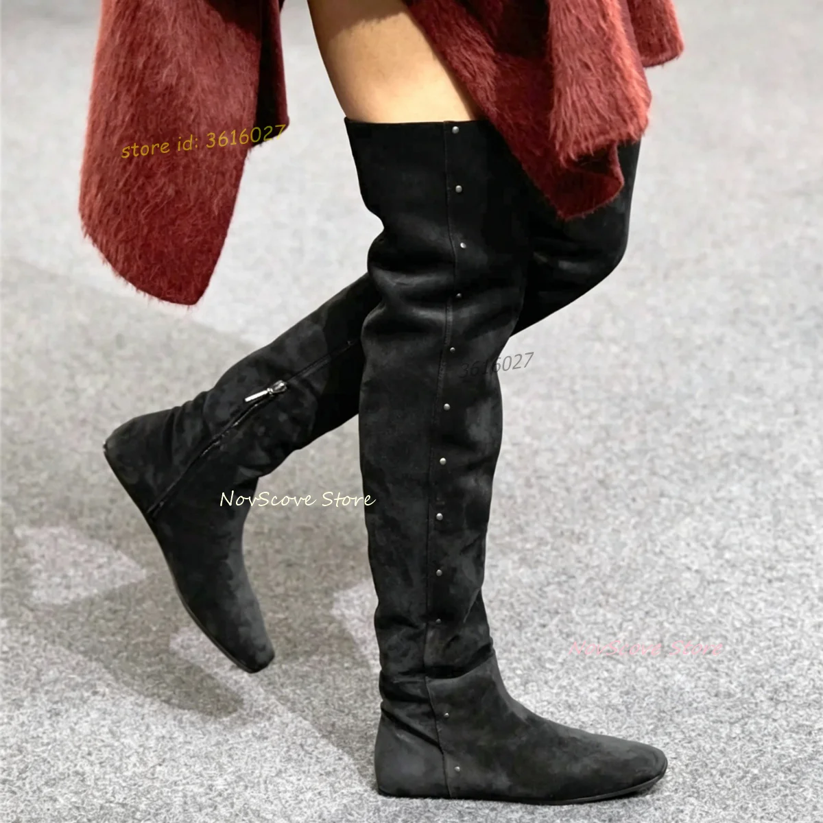 Flat Square Toe Over The Knee Booties Side Zip Studded Suede Thigh High Booties Fashion Women Winter Comfort Long Booties