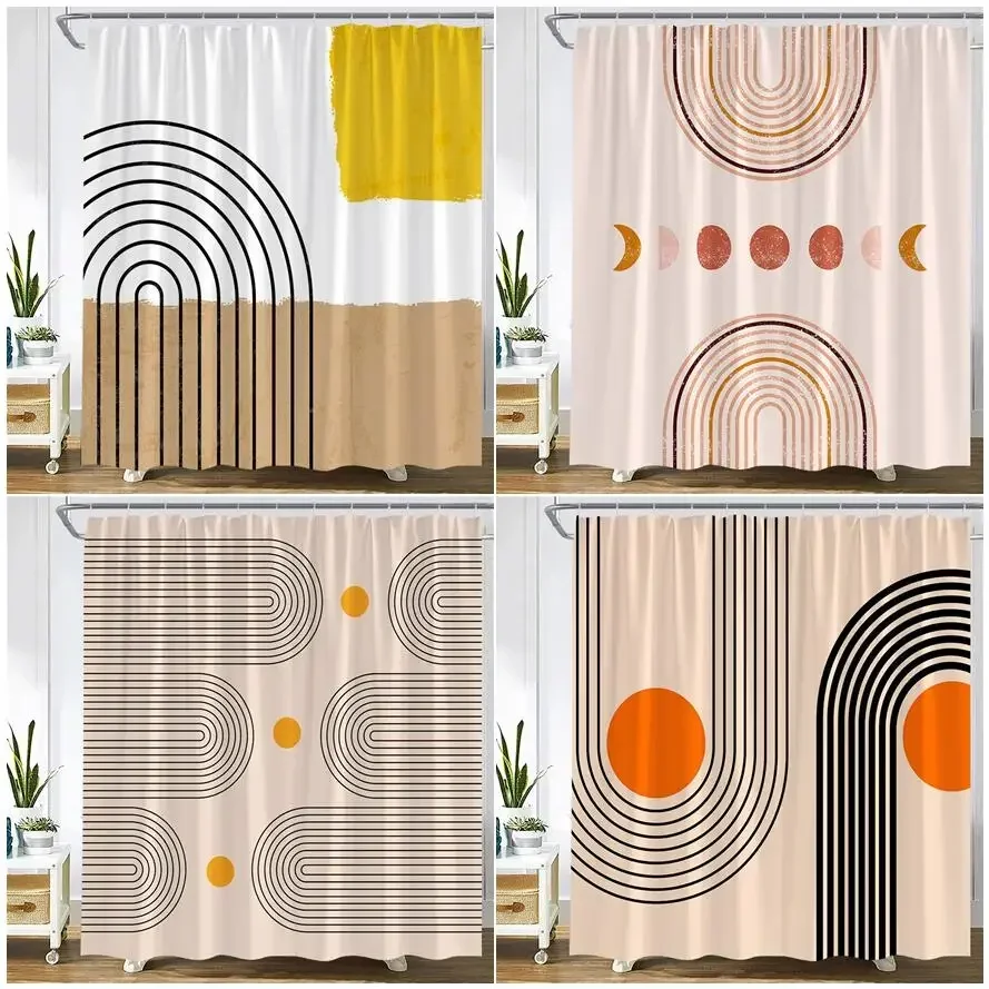 Creative Mid Century Shower Curtain Black Line Sun Geometric Abstract Art Printed Modern Nordic Bathroom Decor Bath Curtains Set