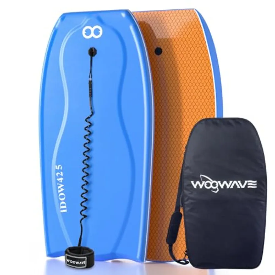 

Bodyboard for adults surfing with PE core IXPE surface and HDPE slick bottom in blue/gray includes premium coiled wrist leash a