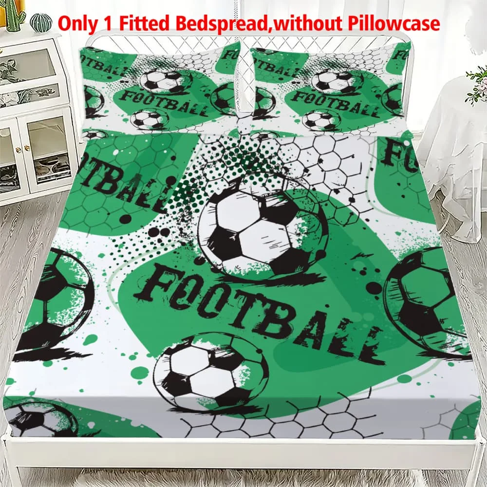 1pc Green Soccer Football Print Fitted Sheet Deep Pocket Elastic Mattress Cover Single Double Queen King Bedroom Decor