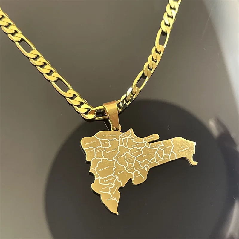 Cross border stainless steel Dominican map necklace gold Cuban Figaro chain ethnic regional cultural ornament