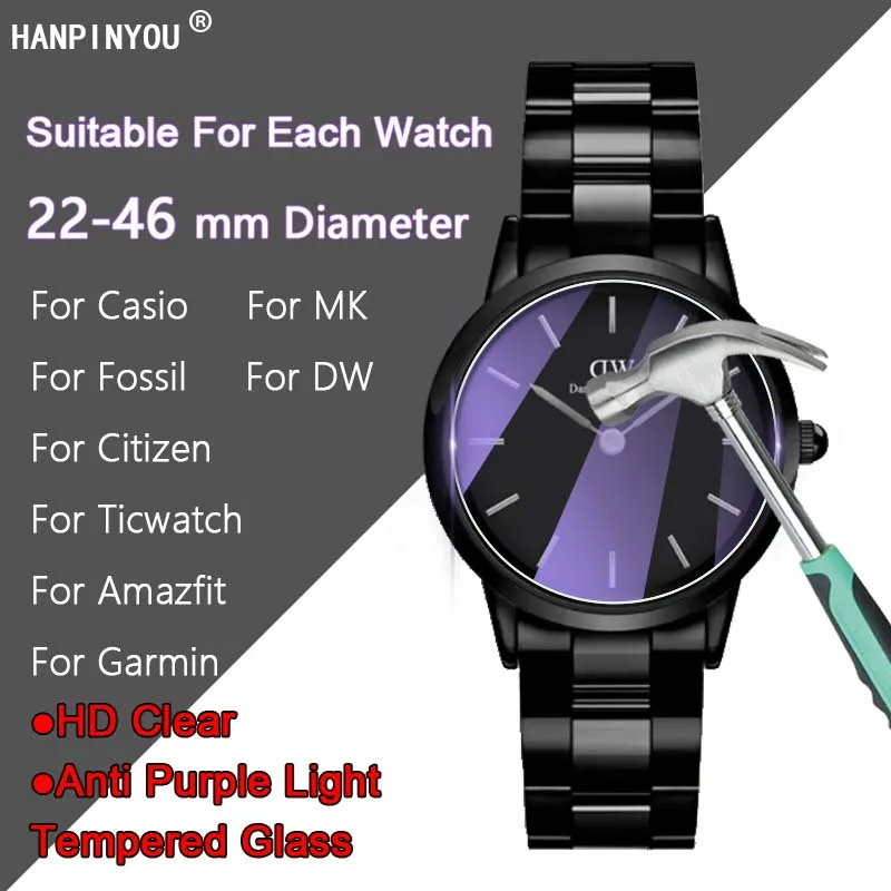 Para Casio DW MK Garmin fósiles Universal reloj redondo HD claro/Anti luz púrpura 2.5D templado Protector de pantalla de película de vidrio guardia