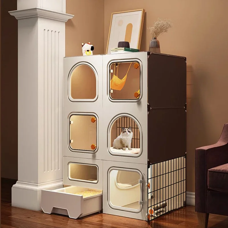 

Modern Plastic Cat Cage Home Indoor House With Litter Box Toilet Integrated Free Space Supply Multi-layer Villa