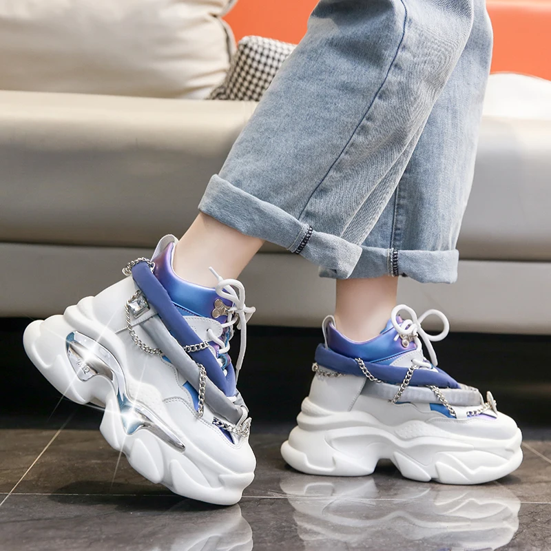Winter Chain Leather Sneakers 7.5CM Heels Platform Ankle Shoes Autumn Thick Bottom Chunky Sneakers Punk Style Sports Dad Shoes