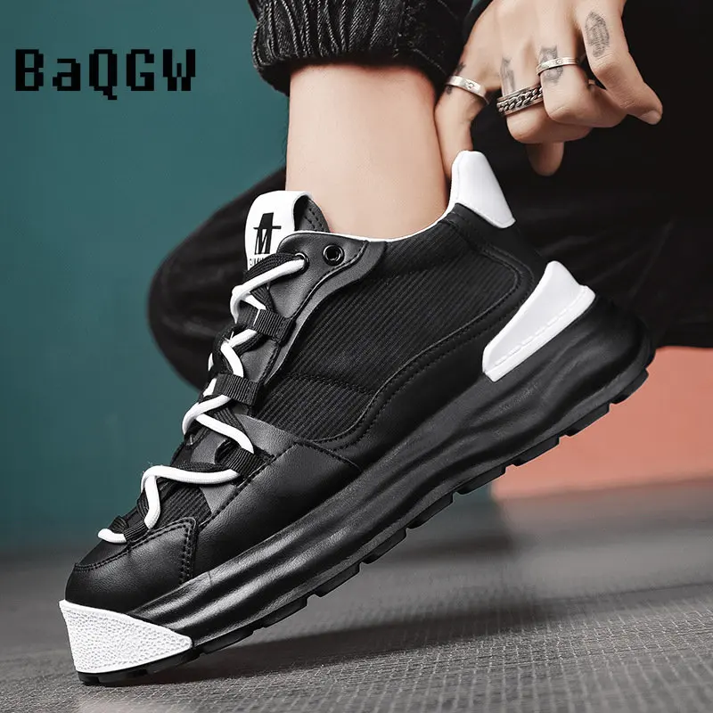 Spring Autum Leather Men Sneakers Hip-hop Casual Board Shoes Punk Height Increasing Platform Running Shoes Zapatillas Hombre