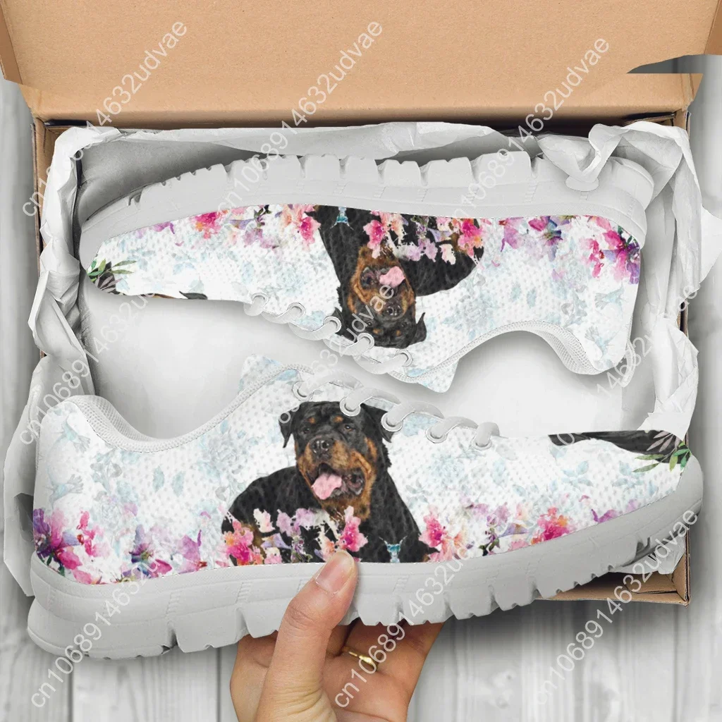 New Rottweiler Design White Soft Sole Casual Sneakers Floral Print Lace Up Sneakers Animal Shoes Zapatos Planos