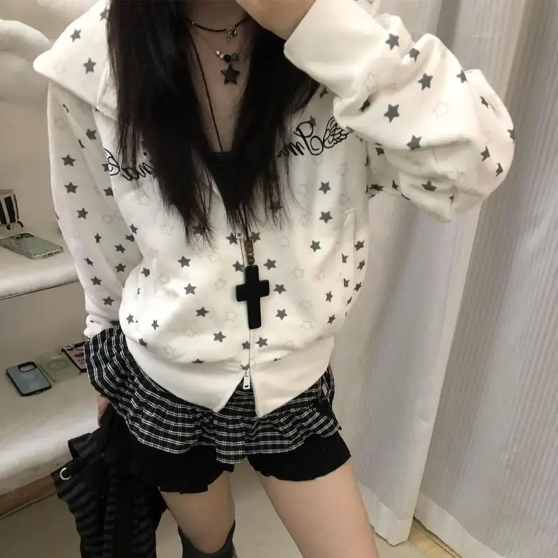 ファッションレター刺繍パーカー女性服アメリカンスタープリント秋冬フリースフード付きカジュアルジッパースウェットシャツ