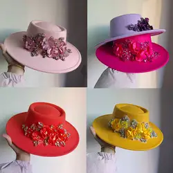 9.5cm Brim Fedora Hat 3D Rhinestone Flower Fedora Women's Jazz Hat Panama French Elegant Fedora Wedding Hat sombrero mujer