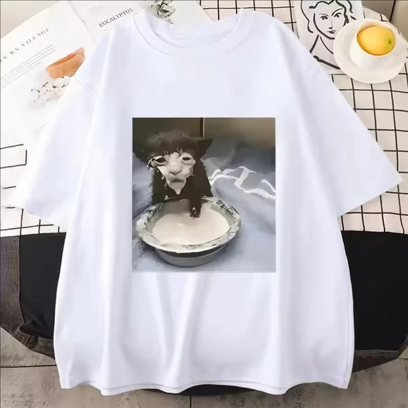 Men Women Milk Face Cat Meme Print T Shirt Humor Funny Cat Graphic T-Shirts Fashion Trend Quality Cotton Hot Sale Streetwear