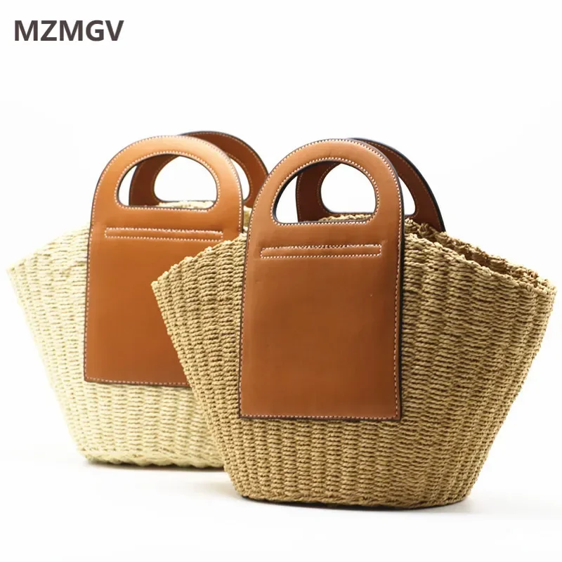 

Summer Fashion Hand-held Straw Woven Bag Large Capacity Spliced Pu Leather Basket Shopper Bag Casual Beach Bag with Inner Pocket