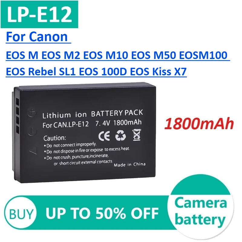 

1800mAh LP-E12 Li-ion Battery for Canon EOS M2 M10 M50 M100 Rebel SL1 100D Camera Batteries