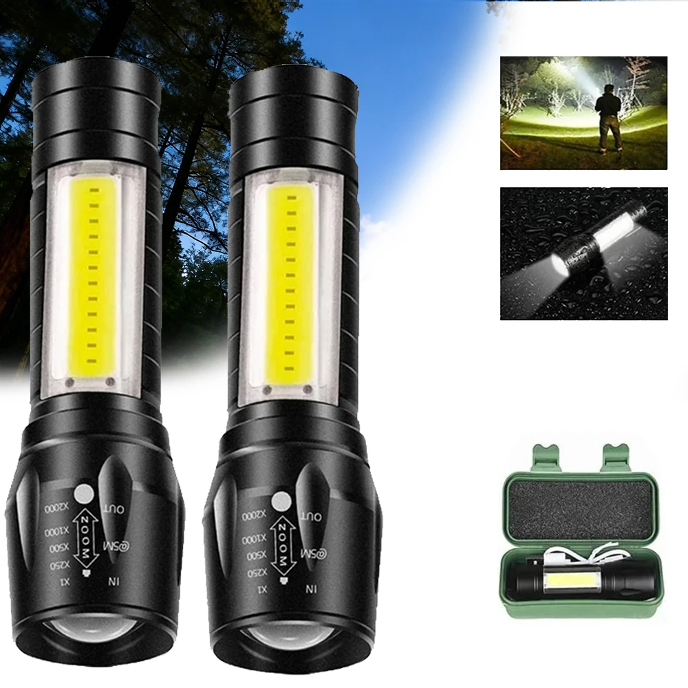 Rechargeable COB+LED Pocket Flashlight Tactical Torch MINI Portable 3 Lighting Mode with Side Lamp for Outdoor Camping Emergency