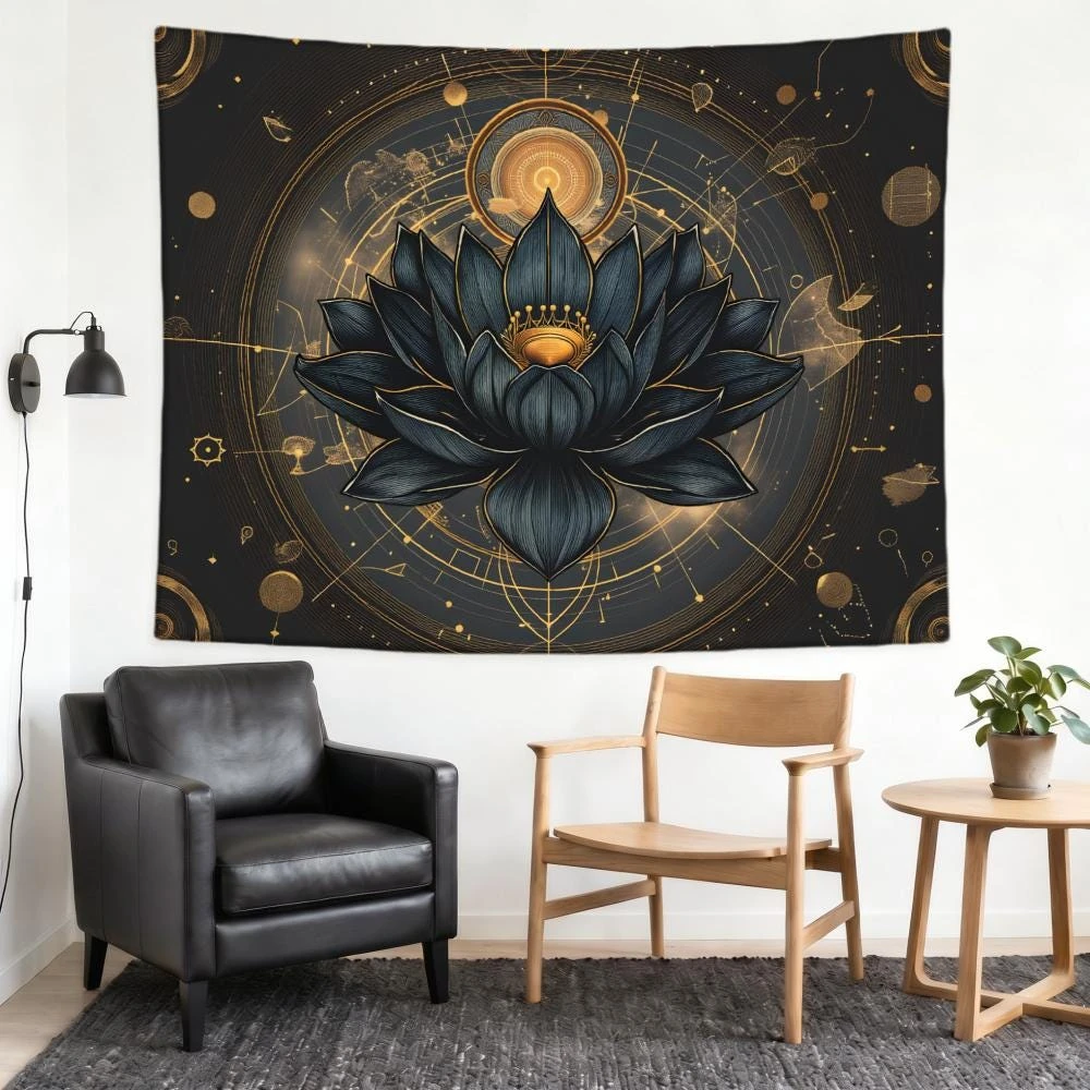 Lotus of the Cosmos Tapestry, Celestial Black Lotus Wall Hanging, Boho Spiritual Decor for Bedroom, Studio or Altar, Spiritual
