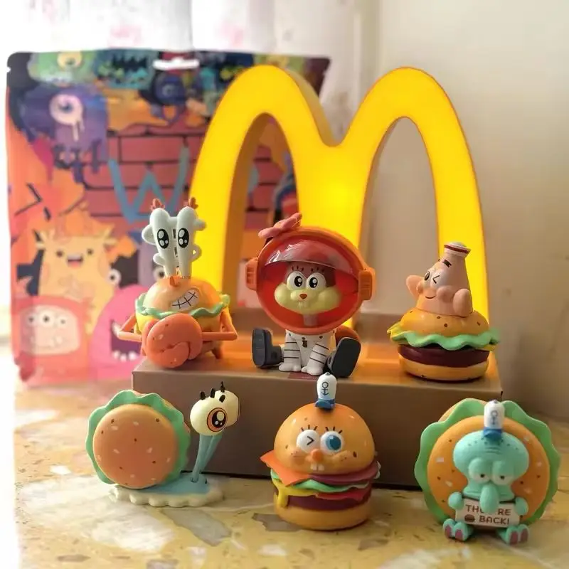 New Spongebob Squarepants Blind Box 6 Delicious Crab Burger Pie Cute Cartoon Handmade Desktop Ornament Doll Toy Birthday Gift