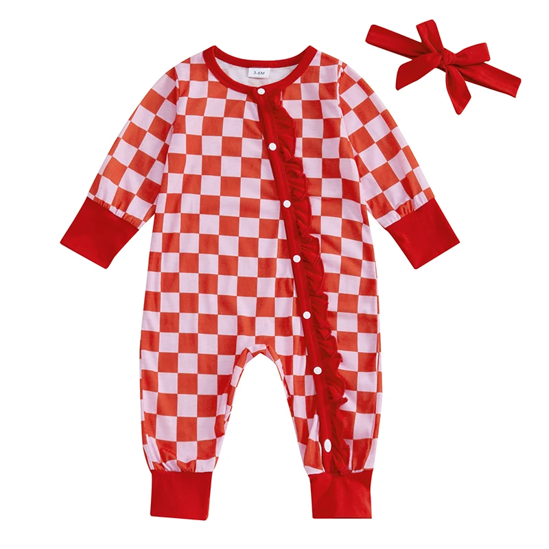 

Baby Girls Button Romper Ruffles Plaid Print Long Sleeve Jumpsuits and Cute Headband Set for Toddler 2 Piece Outfits