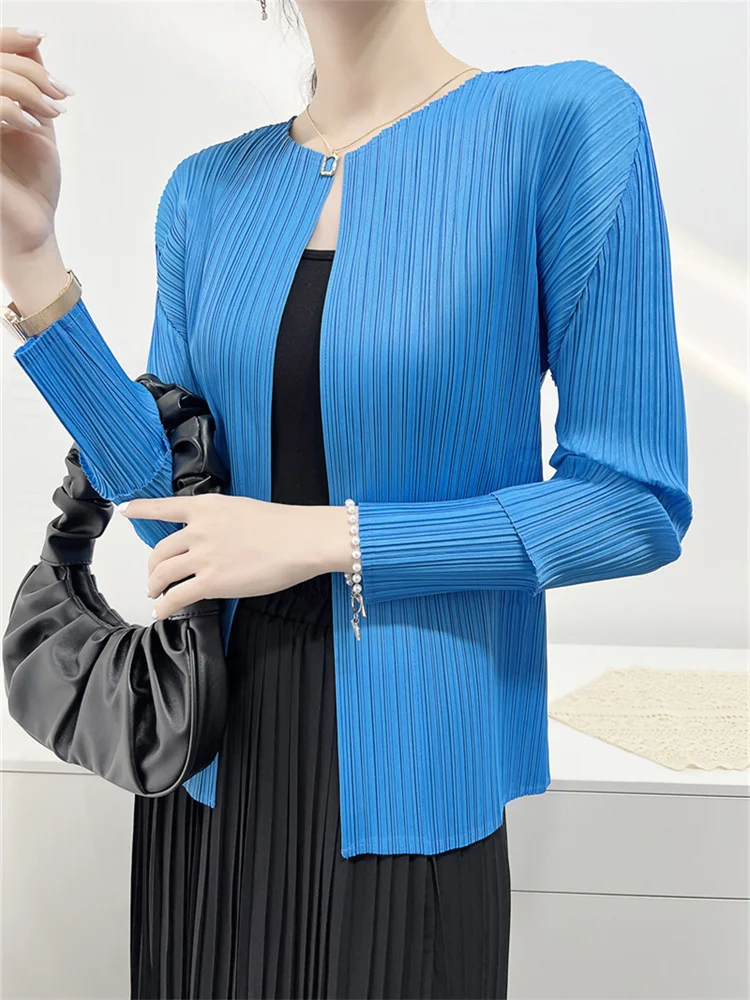 Miyake Pleated Short Jackets Woman Cardigan Full Sleeve Thin Loose Coat Round Collar Causal Wild 2023 New Summer Fashion Tops