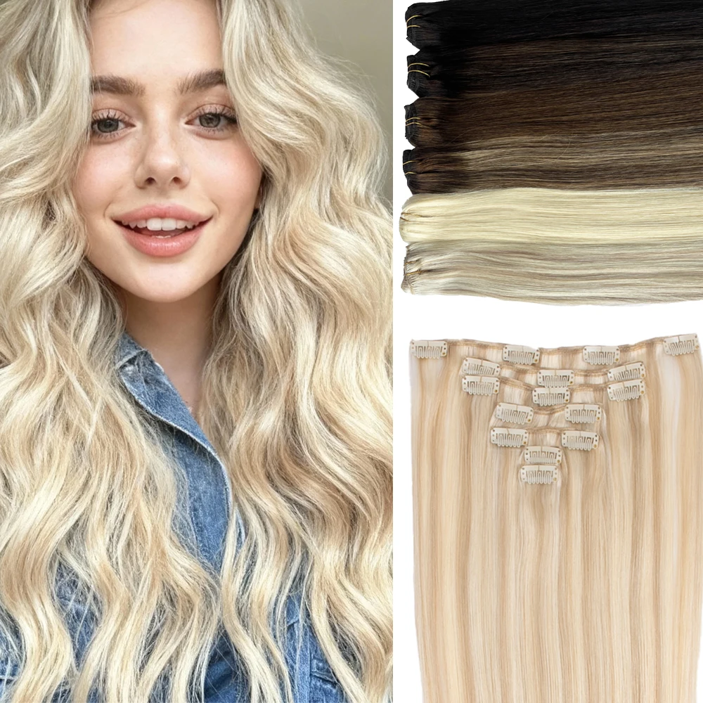 

P18-60 Blonde Highlights Remy Clip in Human Hair Extensions Clip in Hairpiece Silky& Thick& No Frizzy 12"-22" 7PCS Add Volume