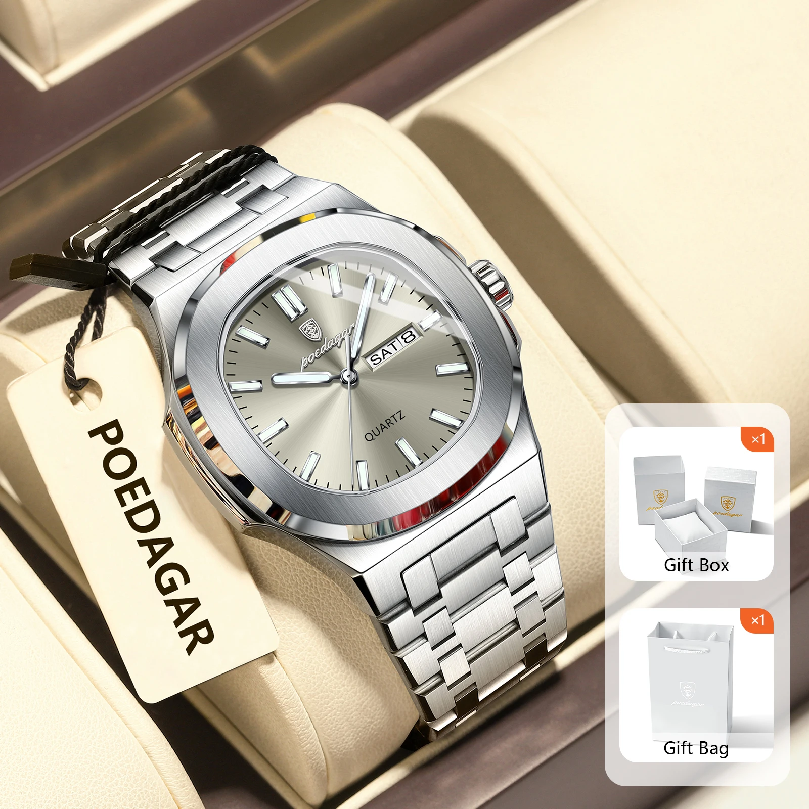 

POEDAGAR Лучшие мужские часы, водонепроницаемые светящиеся мужские наручные часы с датой недели, кварцевые модные мужские часы из нержавеющей стали с подарочной коробкой