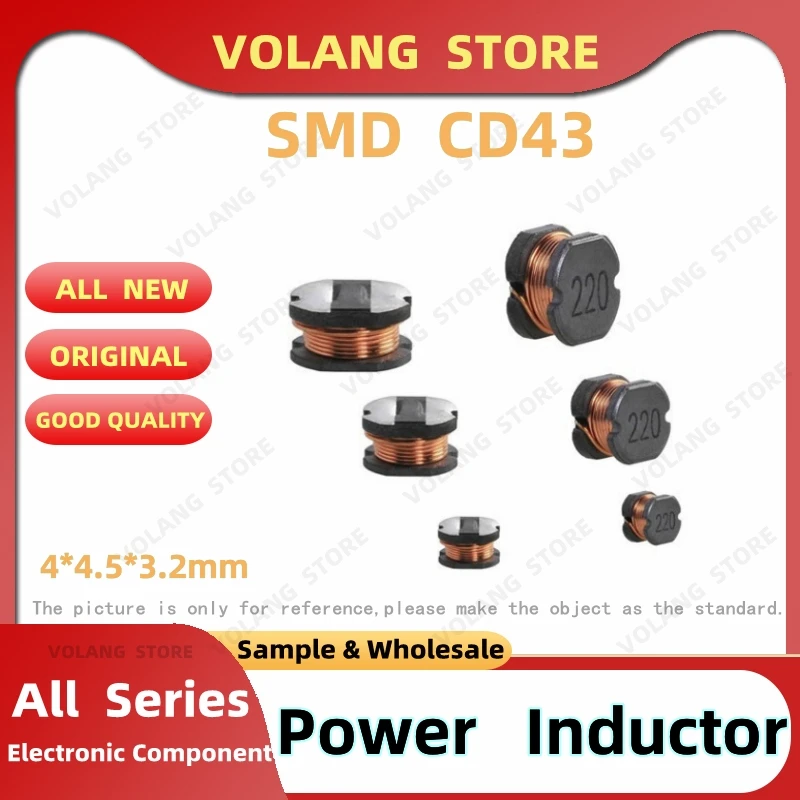 20pcs/Lot SMD Power Inductor CD43 1UH 1.5UH 2.2U 3.3U 4.7UH 6.8U 10U 15UH 22UH 33U 47UH 68UH 100UH 150UH 220UH 330 470 680UH 1MH