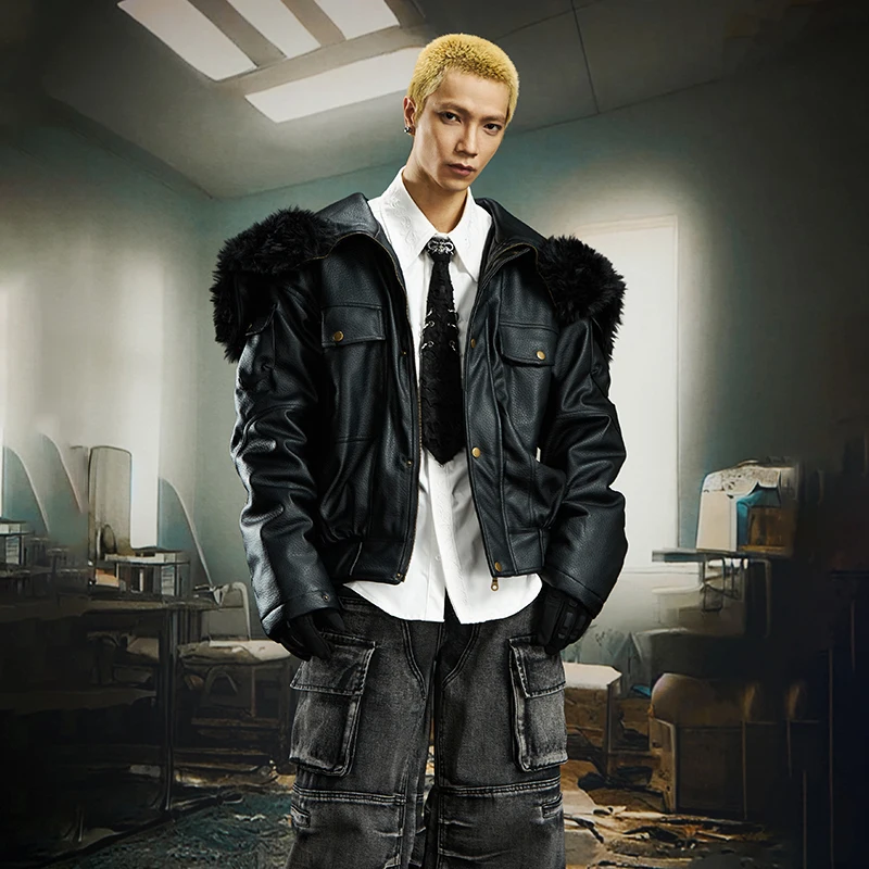 LUZHEN 2025 جديد شخصية سستة الربط فو الفراء مقنعين سترة جلدية الرجال أنيق الأصلي الشارع الذكور معطف مبطّن JY5300