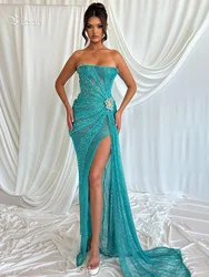 VC Fashion Teal Long Prom Dress Glitter Netfish Mesh Patchwork Strapless High Slit Pearls Flowers Details Evening Party Gowns