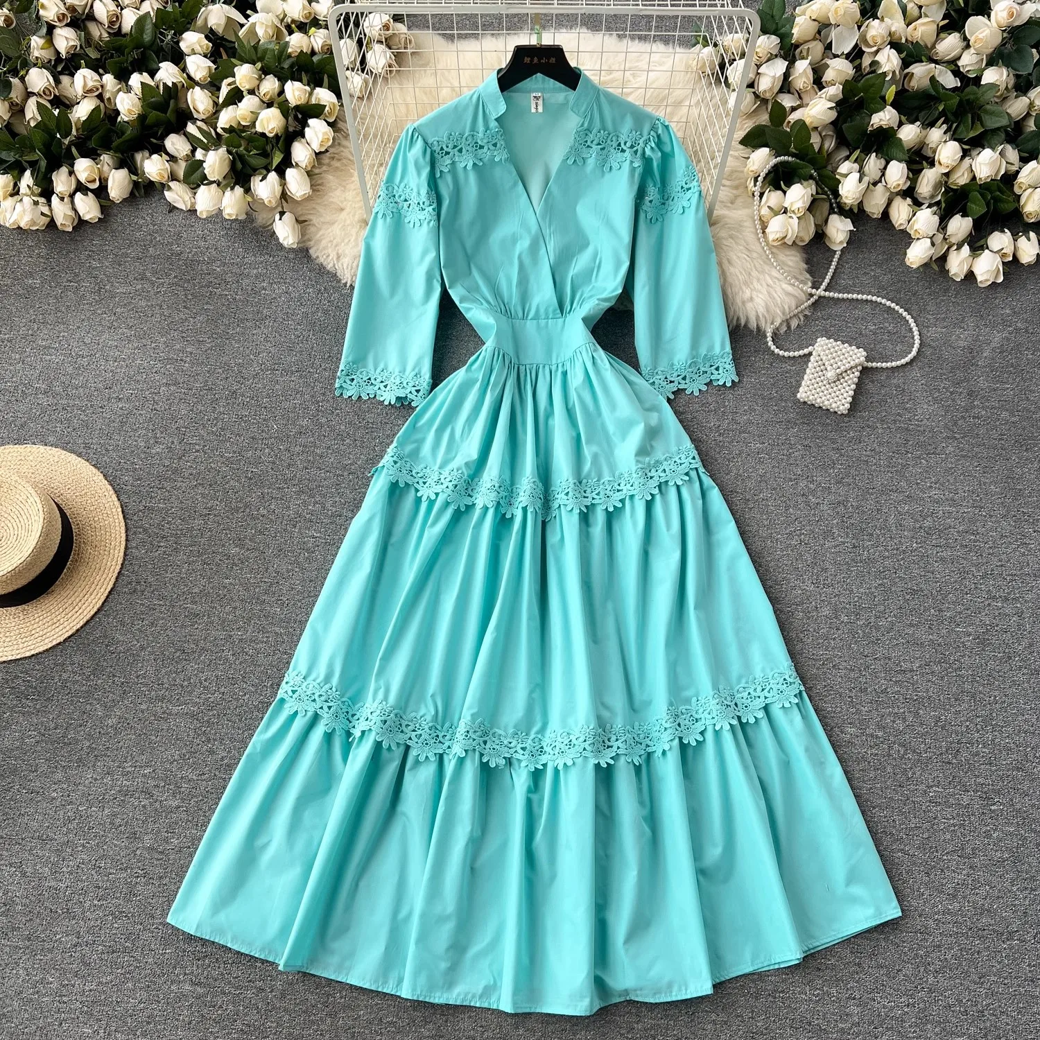 Women Beach Long Dress Summer Slim A-Line High Waist Hollow Out White Green Dress Ladies Fashion Bohemian V-Neck Long Robe