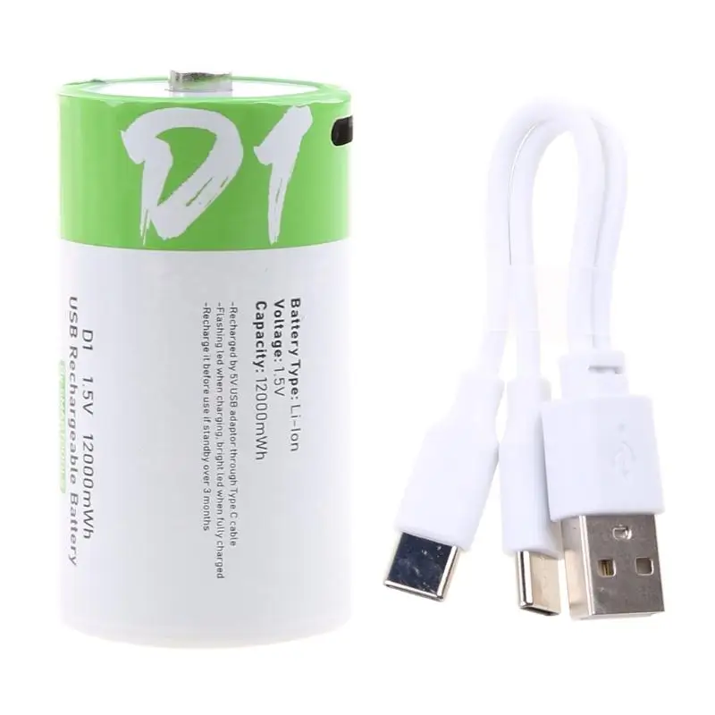 Rechargeable for D1 Batteries 1.5V USB Lithium ion Rechargeable D Battery USB Type C Port High Capacity Charge Constant