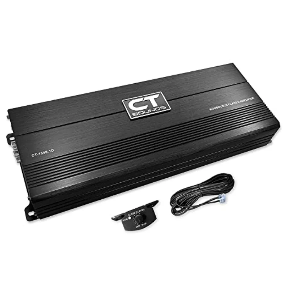 Car audio monoblock amplifier, Class D, black, 1500W RMS compact design for high-efficiency bass amplification