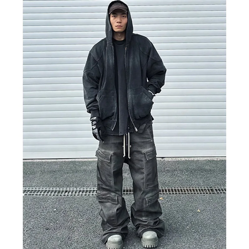 Autumn Winter Double Line Washed Worn, Ripped Hole, Shoulder Zipper Hoodie, Hooded Loose Cardigan