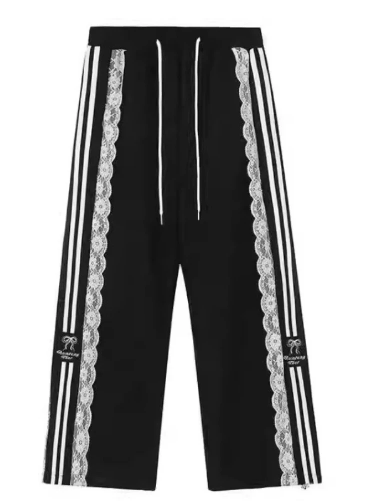 

HOUZHOU Y2k Sweet Lace Patchwork Women Pants Black Vintage Striped Wide Leg Korean Fashion Trousers Harajuku Baggy Aesthetic