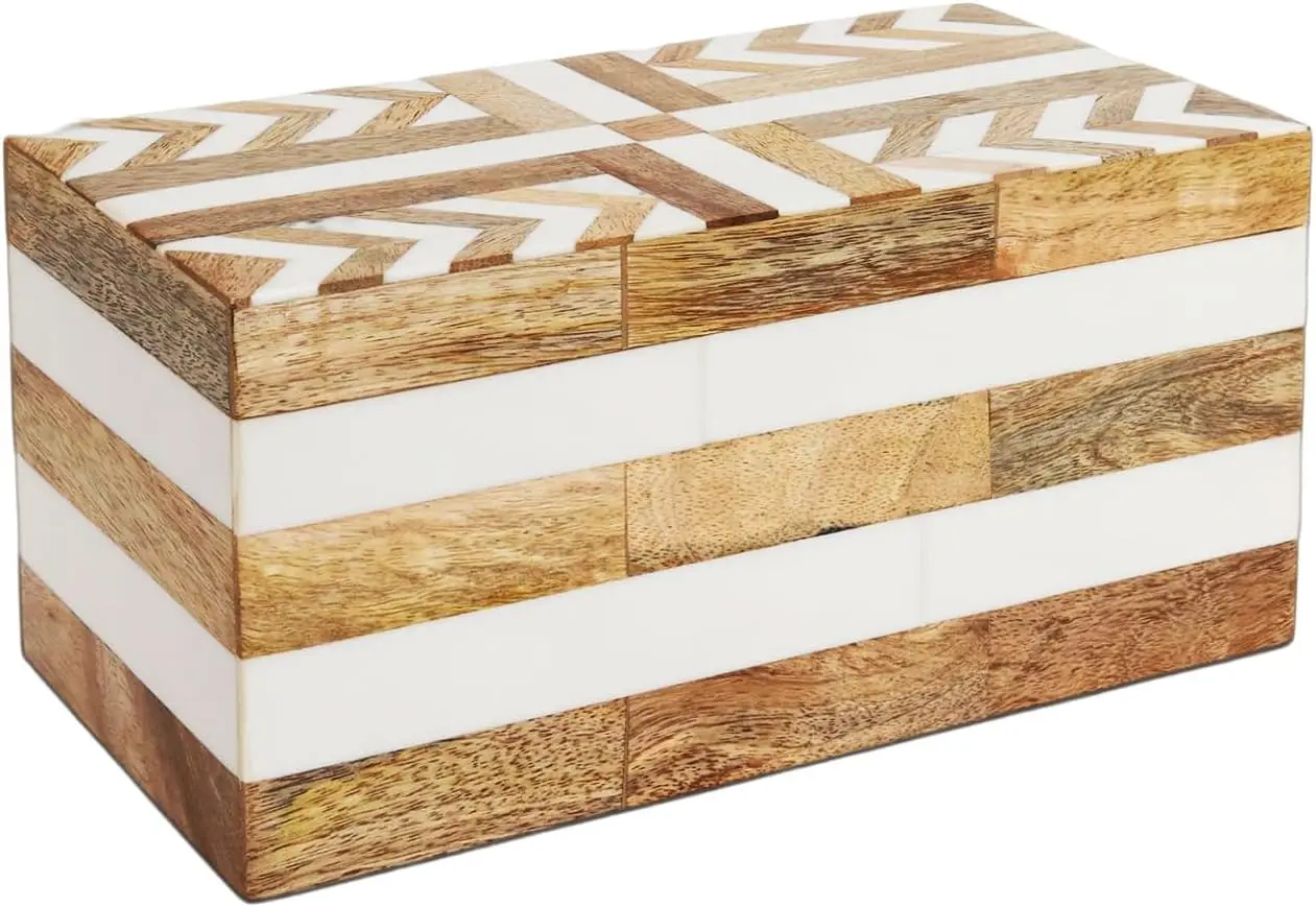 

White Large Wooden Decorative Storage Box with Lid - Resin Inlay Memory Keepsake Box for Home Organization, 10x5x5