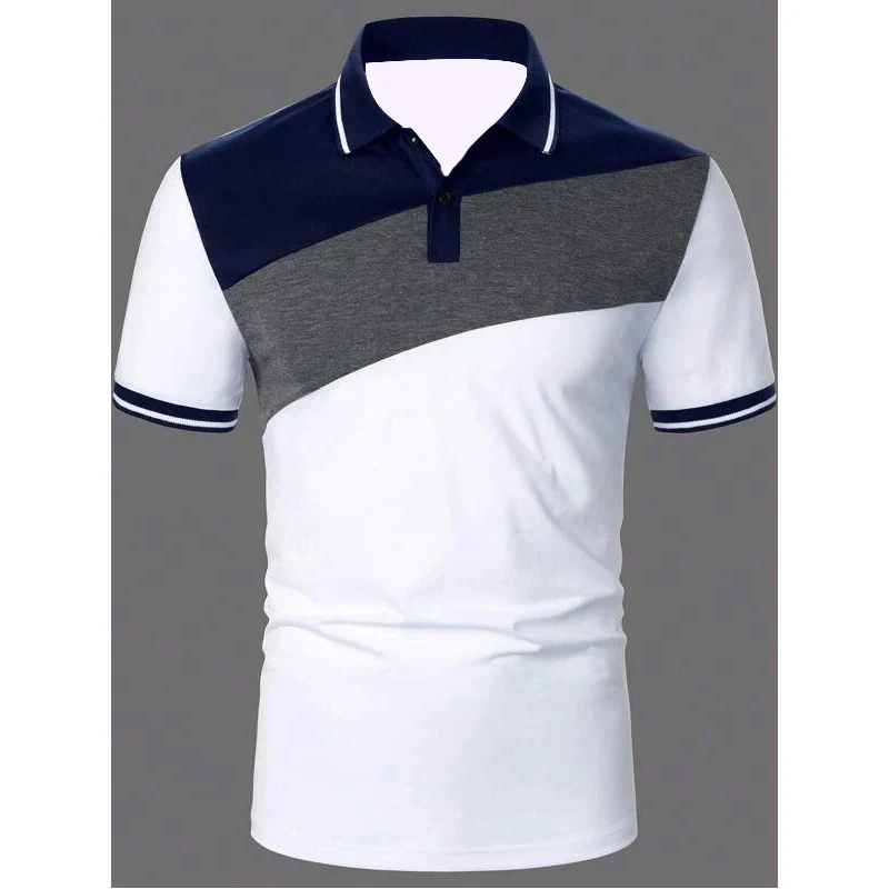 2023 Summer New Spell Color Simple Style Casual Polo Shirt , Men Sport Short Sleeve Business Lapel Polo Shirt .