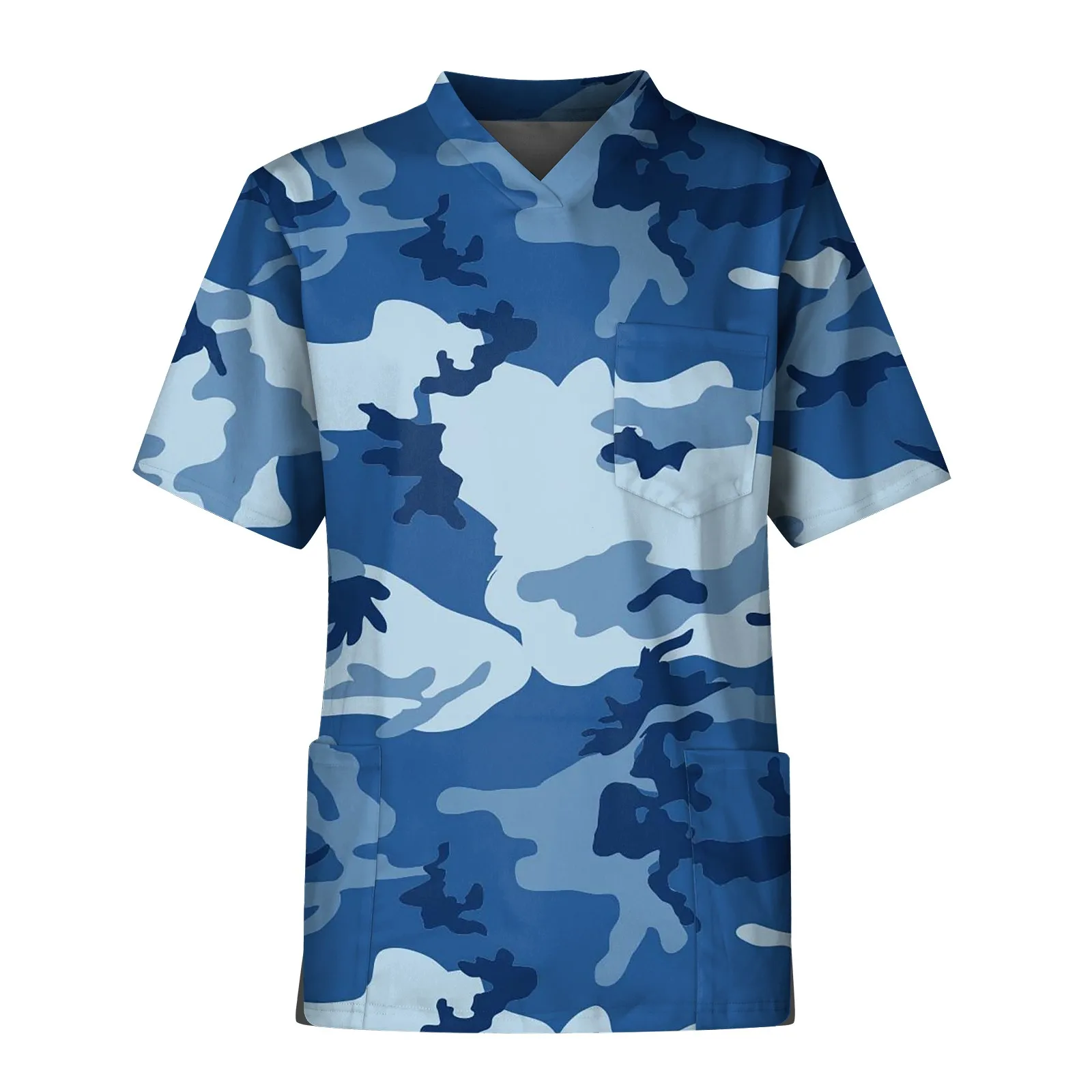 Fashion Camouflage Printed Pocket Protective Clothing Comfortable Quick Drying Breathable V-neck Short Sleeved Top New