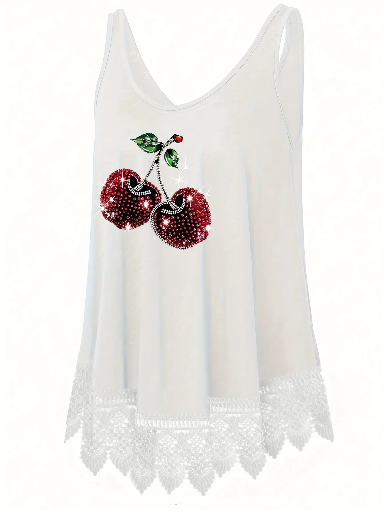 Plus-size cherry print lace sewn vest summer casual crew neck sleeveless top women's plus-size clothing