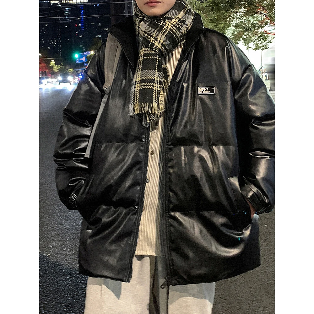 2023 Fashion PU Leather Padded Jacket Men Hip Hop Trend Parka Puffer Outwear Winter Black Warm Stand Collar Puffer Jacket