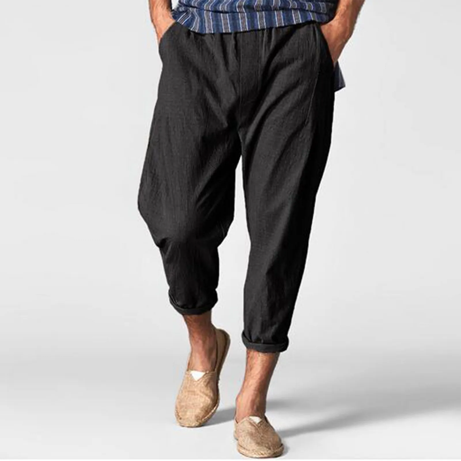 Male Casual Solid Trouser Pant Ankle Length Pant Pocket Elastic Waist Pants Trouser Loose Casual Pant Power Pants