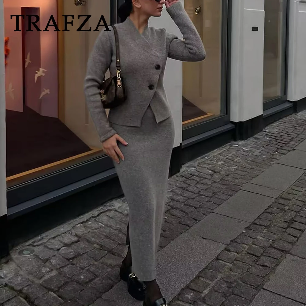 TRAZAF 2023 Autumn Women Vintage Solid Suits Buttons Double-Breasted Cardigans+Sheath Long Vent Skirt Women Casual Fashion Sets