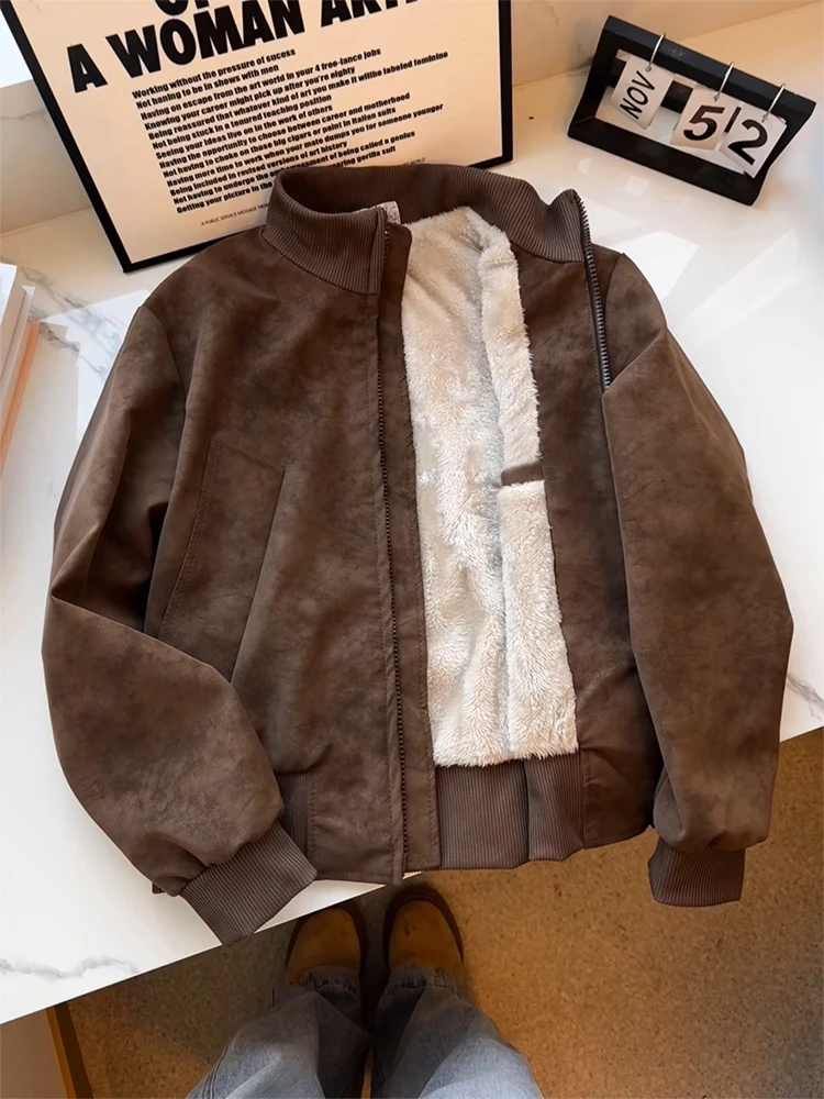 

Thiened Stand Collar Flight Jaet Cotton Coat Men Autumn Winter Fce Lined Tie Dye Baseball Sle Lamb Velvet Outerwear