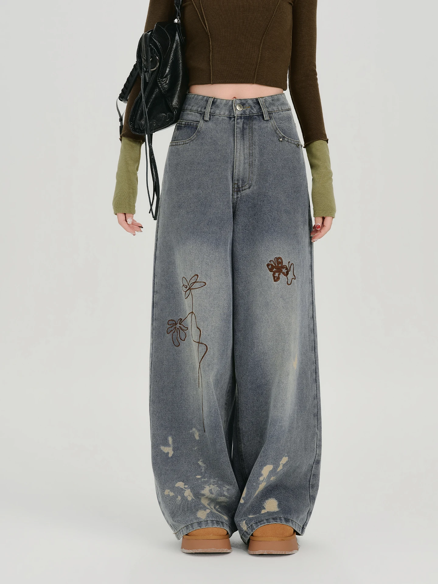 

Женские джинсы с вышивкой, широкие, с высокой талией, на пуговицах, для зимнего сезона