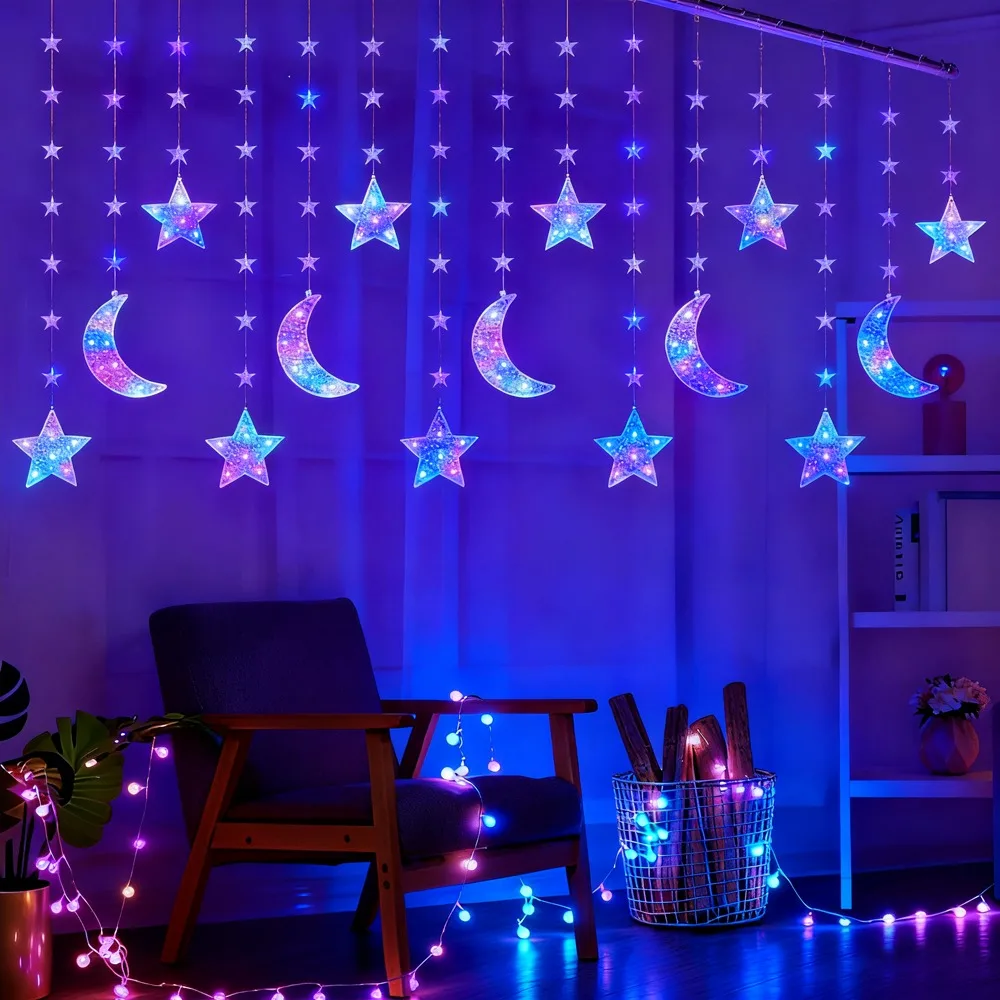 Moon/Star/Love Heart Christmas Lights LED String Lights Fairy Curtain Light for Holiday Wedding Party Room Decoration Strip Lamp