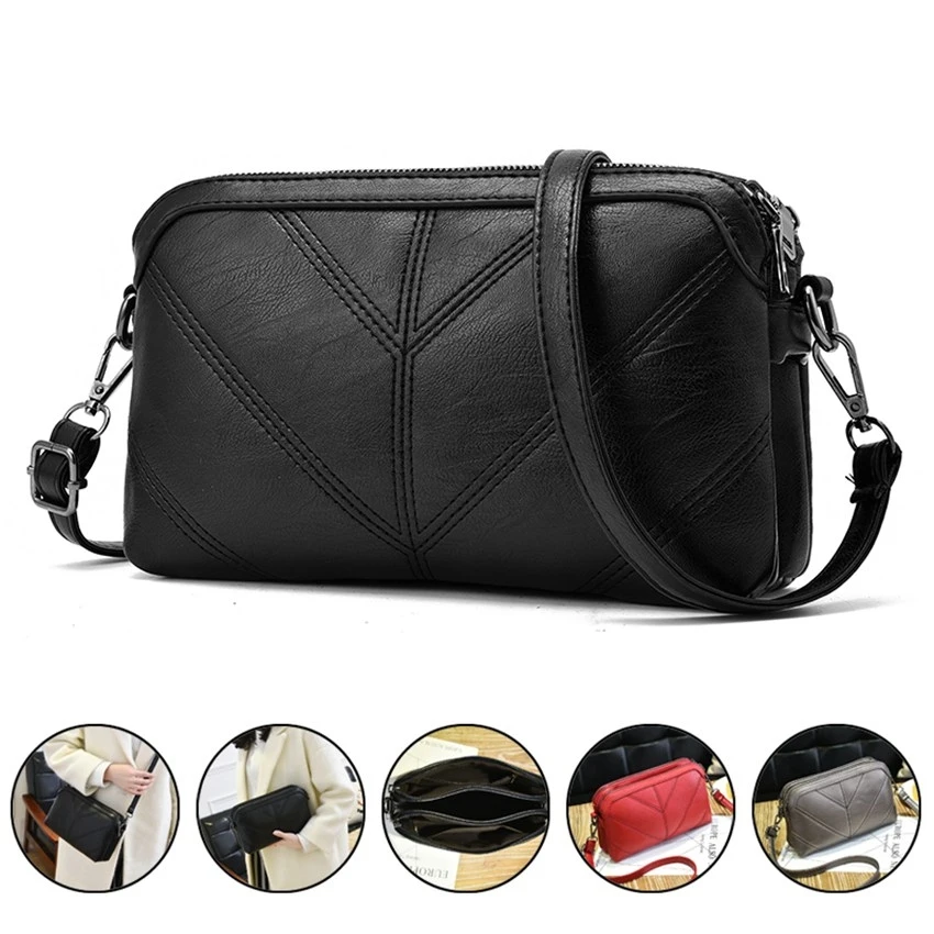Double-deck Women's Bag Shoulder Handbag PU Leather Messenger Bag Detachable Shoulder Strap Crossbody Bag Two Zippers Bag Purse