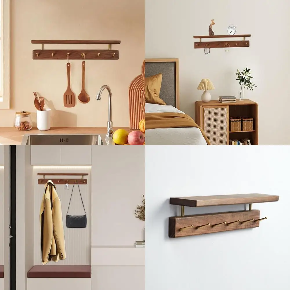 

19 Inch Solid Wood Coat Rack with 6 Brass Hooks, Wall-Mounted for Entryway, Living Room, Bathroom, and Bedroom (Walnut)