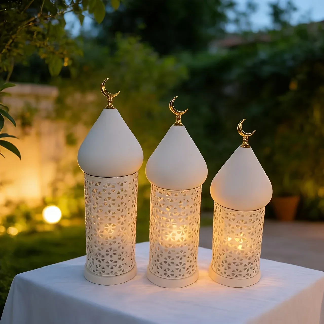Ramadan Kareem Lantern Set White Moroccan Style Metal Hollow with Golden Crescent Moon  Mubarak Home Tabletop Festival Decor