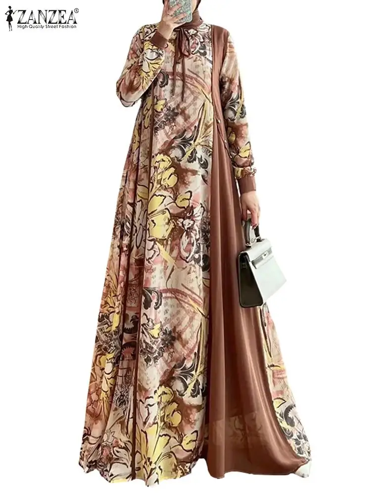 ZANZEA Stylish Floral Print Patchwork Maxi Dress Women Elegant Long Sleeve Tied Neck Abaya Robes Islamic Muslim Long Vestidos