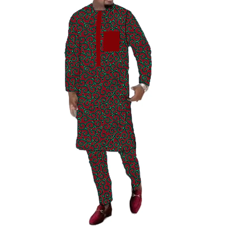 قمصان مزينة بجيب أحمر + بنطلون طقم أزياء أفريقي للرجال تصميم أصلي طباعة مخصصة اتجاهات نيجيرية ملابس الحفلات #2