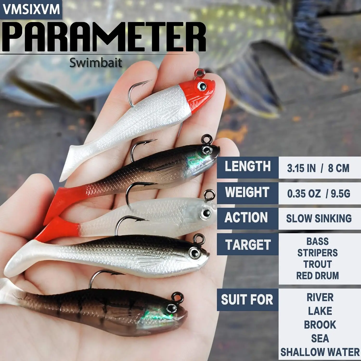 Köder für Barsch, Jighead Soft Swimbait, 5er-Pack in 5 Farben, Plastikköder für Salzwasser/Süßwasser-Angeln – Detail 4