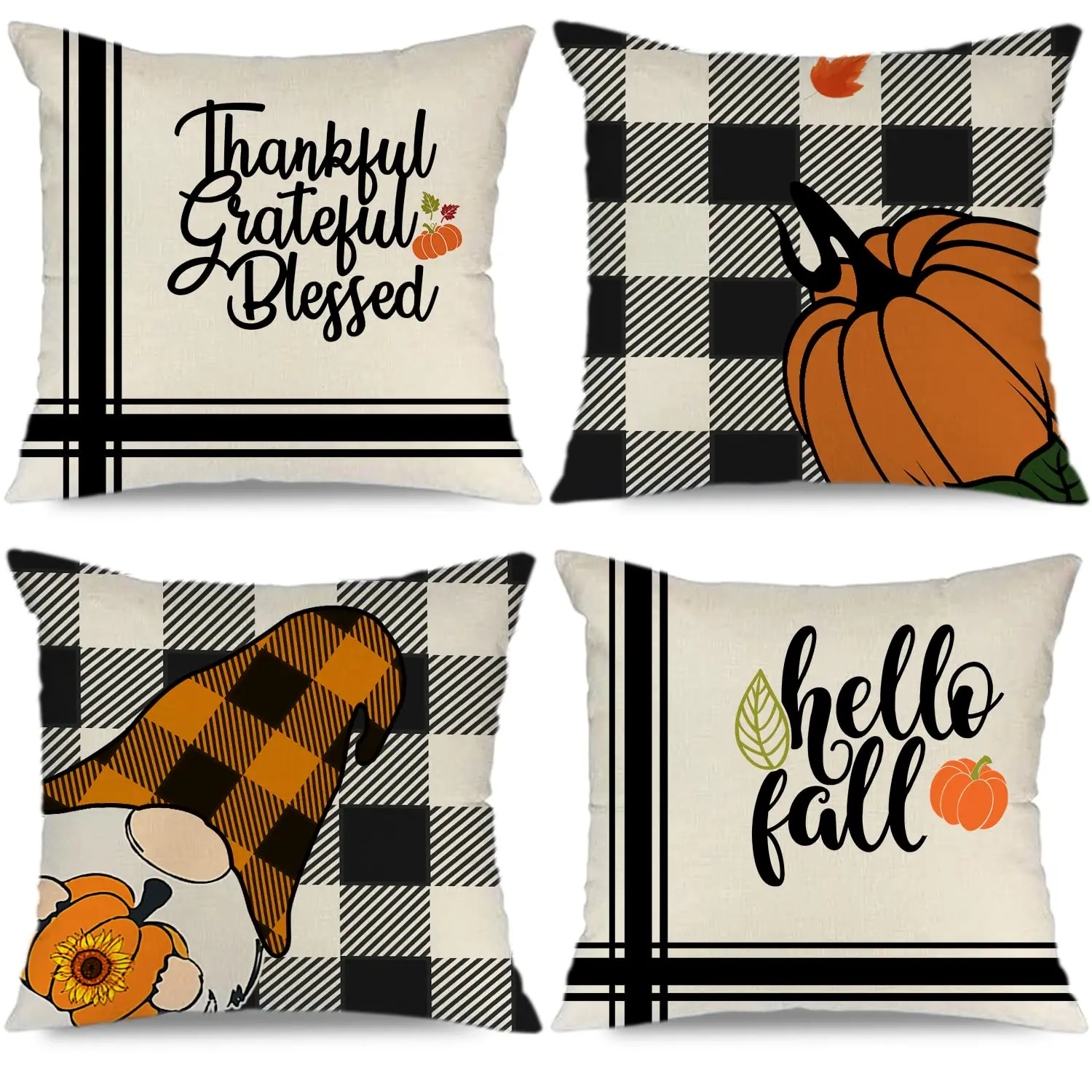 

Thankful Blessed Pillowcase for Fall Decor, Hello Fall, Buffalo Check, Plaid, Pumpkin, Gnome, 18x18 Inch, Set of 4